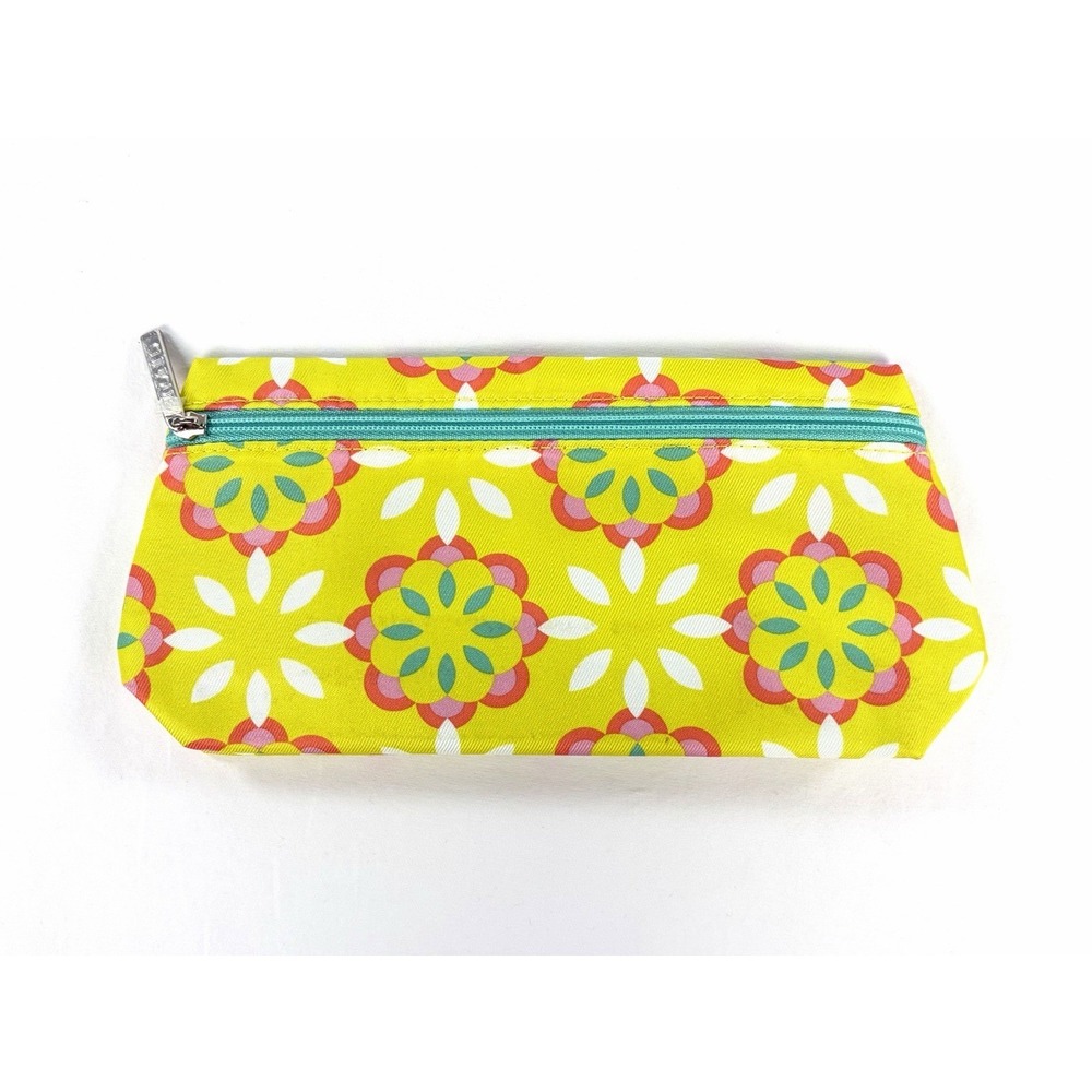Clinique Makeup Bag Cosmetic Pouch Yellow Floral Print Teal Zip Case Travel